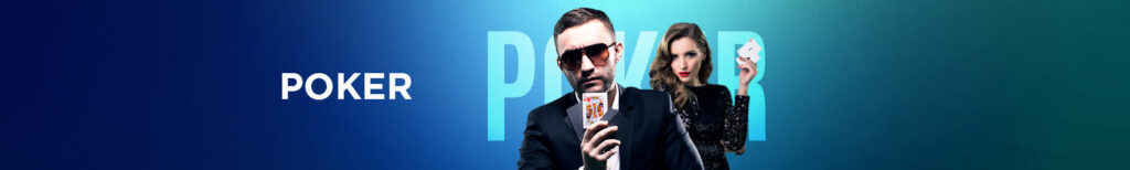MWIN8 Poker banner featuring a confident man in sunglasses holding playing cards and a woman displaying an ace card on a blue gradient background.