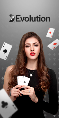 Female live dealer holding poker cards in front of Evolution Gaming logo with floating playing cards.