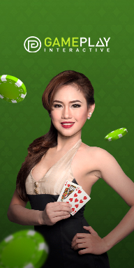 GamePlay Interactive banner featuring a smiling female dealer holding playing cards with floating poker chips