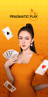 Pragmatic Play live casino banner featuring a female dealer in an orange dress with floating playing cards.