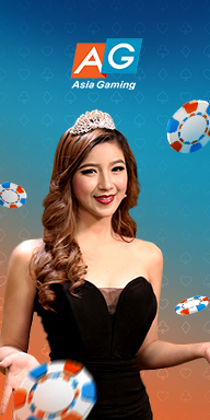 Asia Gaming banner featuring a smiling female live dealer with poker chips floating around.