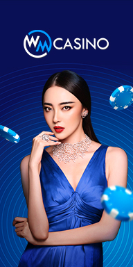 WM Casino banner featuring a sophisticated female dealer in a blue dress with floating poker chips.