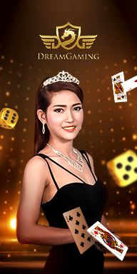 DreamGaming banner showing a smiling female dealer in a black dress with floating cards and dice.