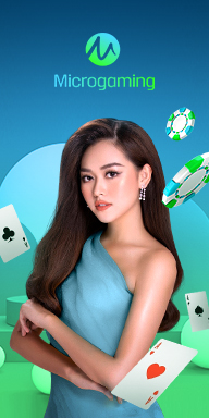 Microgaming banner featuring a stylish female dealer in a blue dress with floating cards and poker chips.