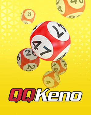 MWIN8 QQKeno banner featuring colorful lottery balls with numbers on a bright yellow background.