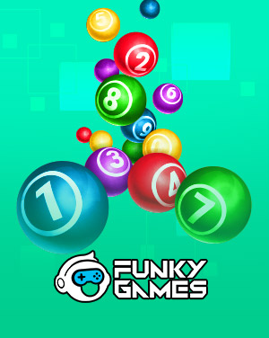 MWIN8 Funky Games lottery banner featuring colorful numbered balls on a bright green background.