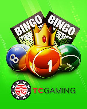 MWIN8 TC Gaming lottery banner with colorful numbered balls, bingo cards, and a golden crown on a bright green background.