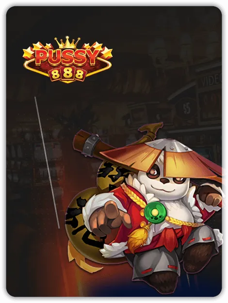 MWIN8 Pussy888 Slots banner featuring a warrior panda in traditional attire with a treasure bag