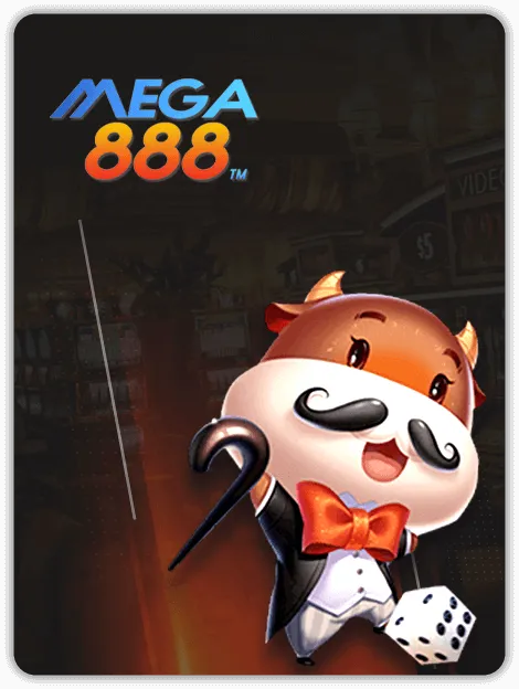 MWIN8 Mega888 Slots banner featuring a stylish bull character in a tuxedo with dice and cane