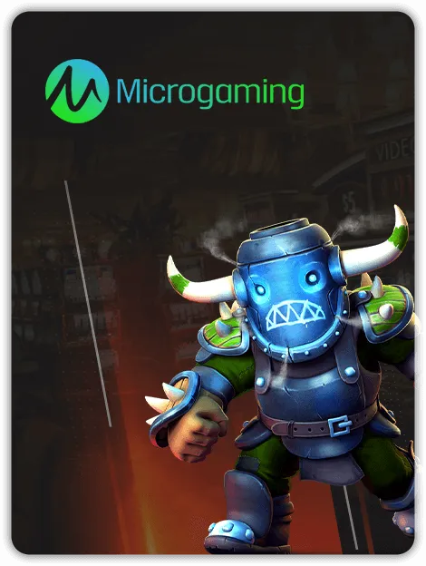 MWIN8 Microgaming Slots banner featuring a blue armored warrior with horns in a fiery backdrop