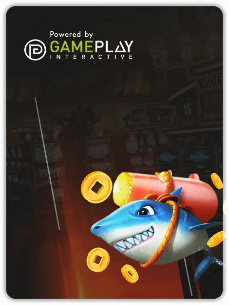 MWIN8 Gameplay Interactive Slots banner featuring a shark with a rocket strapped to its back and gold coins
