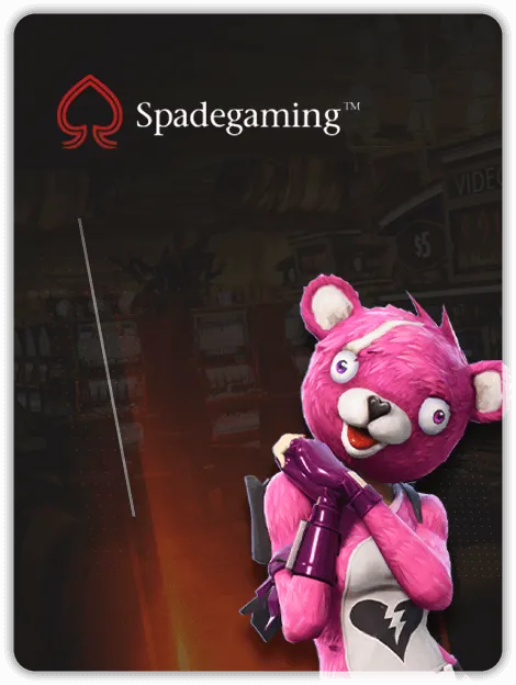 Spadegaming fishing game banner featuring a quirky pink cartoon bear holding a weapon.